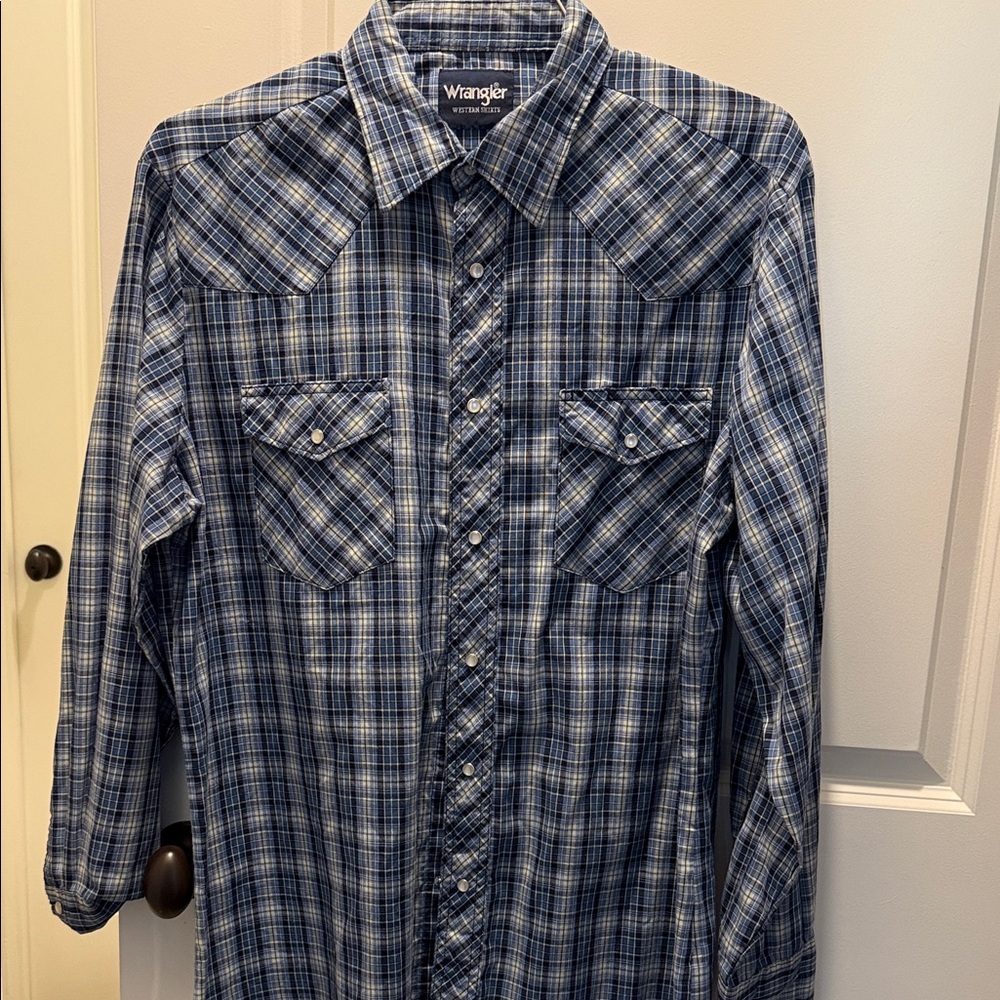 Wrangler Western Wear Pearl Snap Men's Casual Blue Plaid Shirt Size Large NWOT